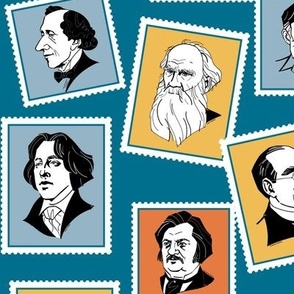 Great writers on stamps (in blue, grey, ochre and terracotta) BIG SIZE