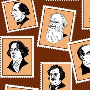 Great writers on stamps (in brown) BIG SIZE