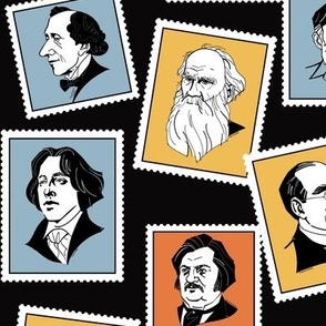 Great writers on stamps (in black, grey, ochre and terracotta) BIG SIZE