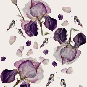 Retro Hummingbird / Iris / Purple Flowers / Bird Songbirds