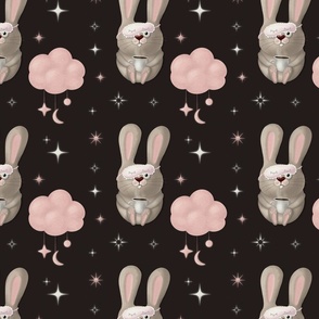 Morning routine - nursery - cute bunny with cup of coffee - sleeping hare - pink