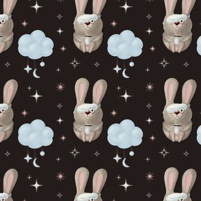 Morning routine - nursery - cute bunny with cup of coffee - sleeping hare - blue