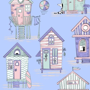 Beach houses pastell on baby blue - large scale