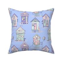 Beach houses pastell on baby blue - medium scale
