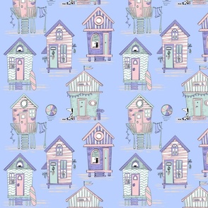 Beach houses pastell on baby blue - medium scale