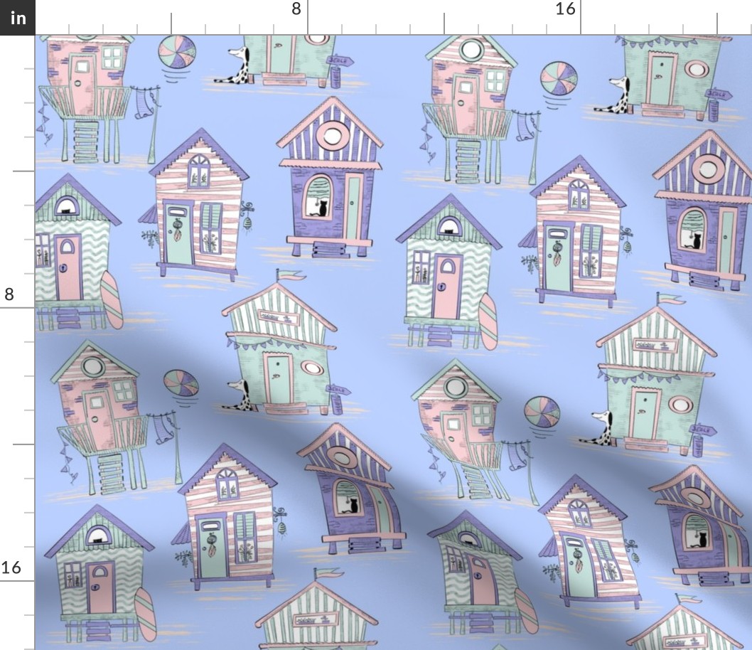 Beach houses pastell on baby blue - medium scale