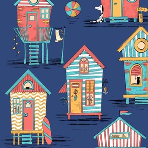 colorful beach houses on navy blue - large scale