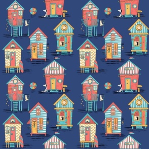 colorful beach houses on navy blue - small scale