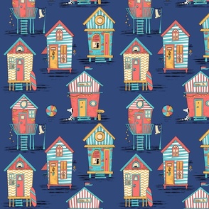 colorful and cute beach houses on navy blue - medium scale