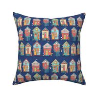 colorful beach houses on navy blue - small scale