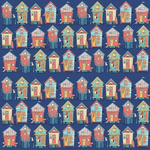 colorful beach houses on navy blue - small scale