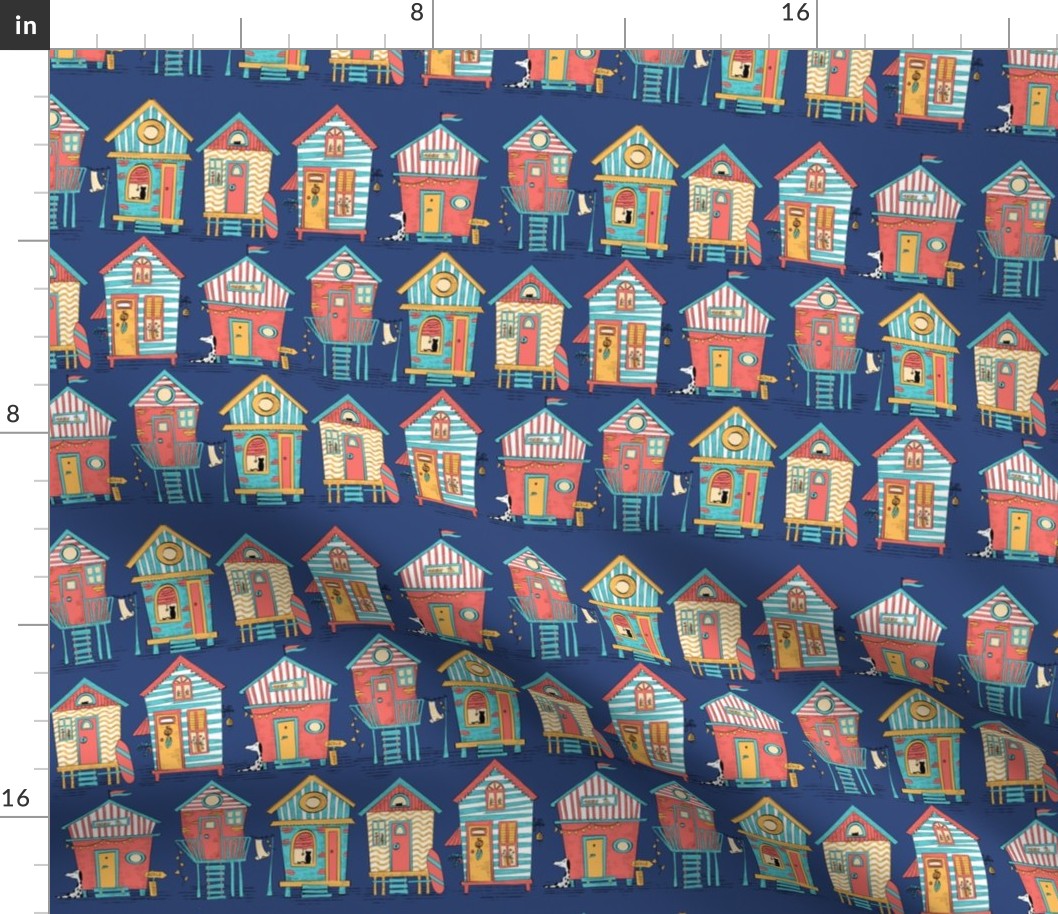colorful beach houses on navy blue - small scale