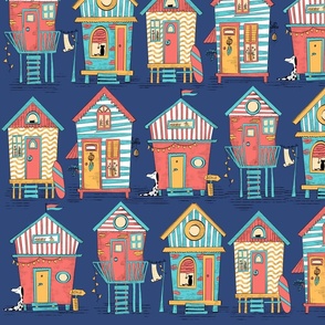 colorful beach houses on navy blue - large scale 