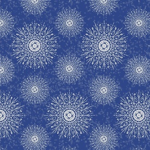 White Mandalas and snow on a denim blue background - medium scale