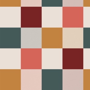 kitchen plaid dark green, red, salmon, grey, off white - medium scale