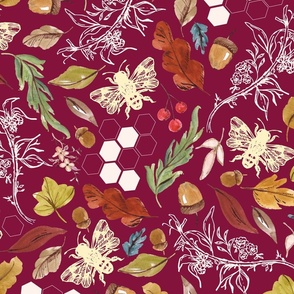 24" Repeat Bees and Fall Leaves Pattern Large Scale | Burgundy MK002