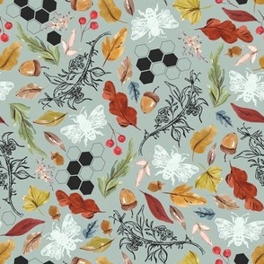 8" Repeat Bees and Fall Leaves Pattern Medium Scale | Dusty Green MK002