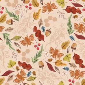 8" Repeat Bees and Fall Leaves Pattern Medium Scale | Peach Orange MK002