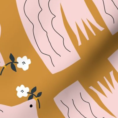 The Foragers | XLg Pink Birds on Ochre, White Flowers