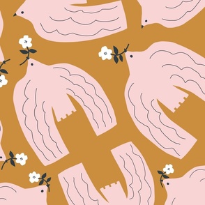 The Foragers | XLg Pink Birds on Ochre, White Flowers