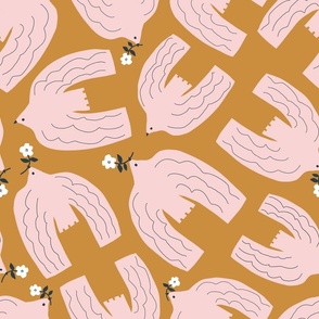The Foragers | Lg Pink Birds on Ochre, White Flowers