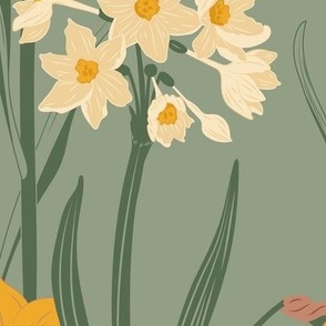 Large Art Nouveau Narcissus and Daffodil Garden with Green Background