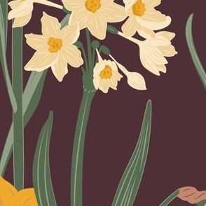 Large Art Nouveau Narcissus and Daffodil Garden with Brown Background