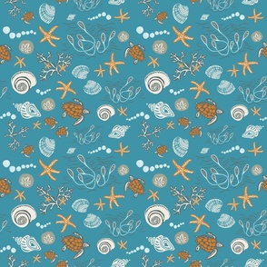 Tropical turtles, starfish and shells in blue and orange