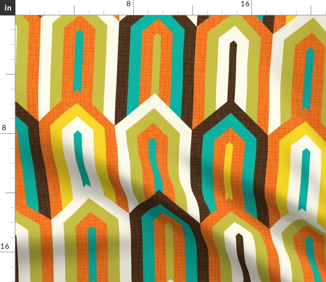 1960s Retro Atomic Teak Danish Mod Shapes Houses Mid-Century Modern Pattern