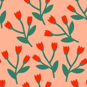 Cute minimalistic pattern with simple red flowers on pink background. Colorful naive print