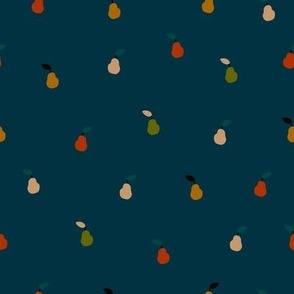 Stylish vector fruit seamless pattern in hand-drawn style. Colorful tiny pears design 