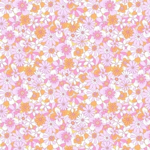 Eden retro floral orange lilac pink on yellow by Jac Slade
