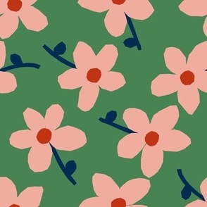 Abstract jagged pink flowers on muddy green. Modern minimalistic modern floral print 