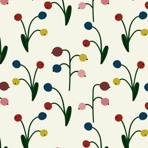 Modern hand drawn pattern with abstract branches of multicolor berries on white background. Cute nature print in minimalism style 