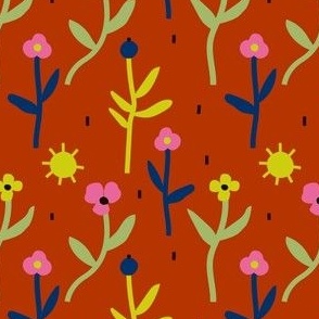 Modern hand drawn pattern with abstract  multicolor jagged flowers  on red background. Cute  floral print in naive style
