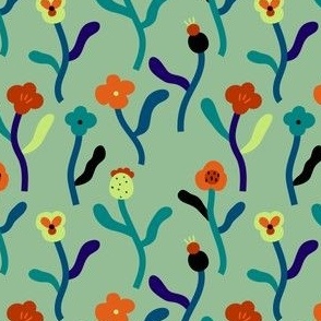 Modern hand drawn pattern with abstract  flowers  on blue background. Cute  floral print in minimalism naive style 