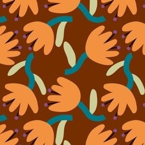 Modern pattern with large abstract flowers on brown background. Cute minimalistic floral print 