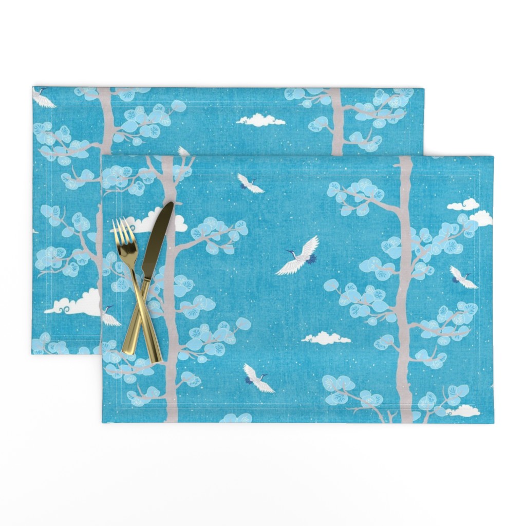 Pines and Cranes in Turquoise Blue (medium scale) | Forest fabric, bird fabric in bright blue. Japanese print fabric, tree fabric with cranes and snow.