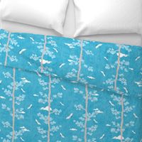 Pines and Cranes in Turquoise Blue (medium scale) | Forest fabric, bird fabric in bright blue. Japanese print fabric, tree fabric with cranes and snow.