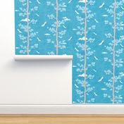 Pines and Cranes in Turquoise Blue (medium scale) | Forest fabric, bird fabric in bright blue. Japanese print fabric, tree fabric with cranes and snow.