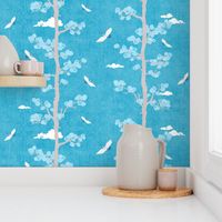 Pines and Cranes in Turquoise Blue (medium scale) | Forest fabric, bird fabric in bright blue. Japanese print fabric, tree fabric with cranes and snow.