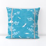 Pines and Cranes in Turquoise Blue (medium scale) | Forest fabric, bird fabric in bright blue. Japanese print fabric, tree fabric with cranes and snow.