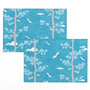 Pines and Cranes in Turquoise Blue (medium scale) | Forest fabric, bird fabric in bright blue. Japanese print fabric, tree fabric with cranes and snow.