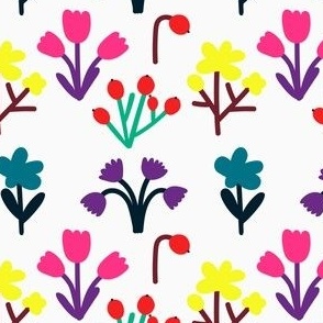 Modern hand drawn pattern with abstract  multicolor simple flowers  on white background. Cute  floral print in naive style