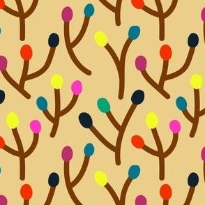 Modern hand drawn pattern with abstract  branches with multicolor buds on beige background. Cute  floral print in naive style 