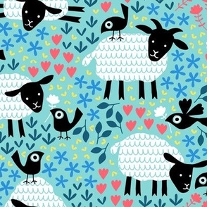 Birds and sheep in blossom blue