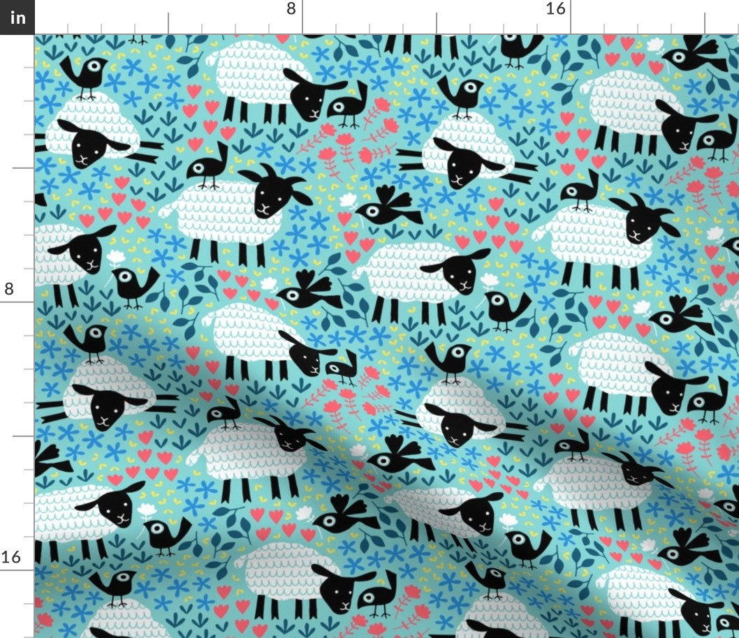 Birds and sheep in blossom blue