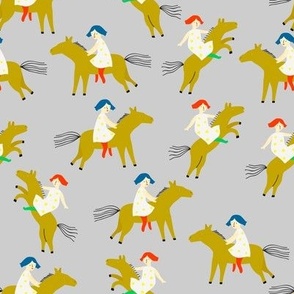 Cute seamless pattern with girls riding a horse on grey background. Funny vector cartoon background  in hand-drawn style
