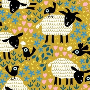 Birds and sheep in blossom mustard