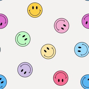 Pastel Tossed Smiley Faces Blue Pink Yellow Green Purple